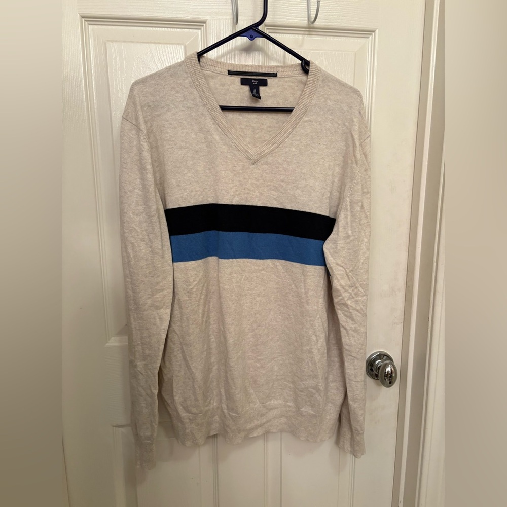 GAP Cream Knit Blue Black Striped Sweater - Size Large